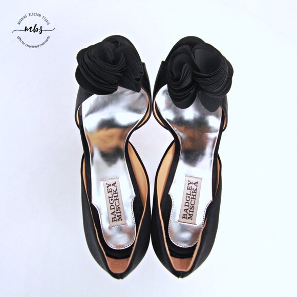 Badgley Mischka Satin Rosette Open Toe Stiletto Heels Black Women 7.5 - Picture 11 of 14
